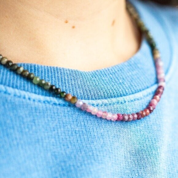 Beaded Necklace Watermelon Tourmaline Ombre Gemstone Jewelry October Birthstone - Picture 15 of 16